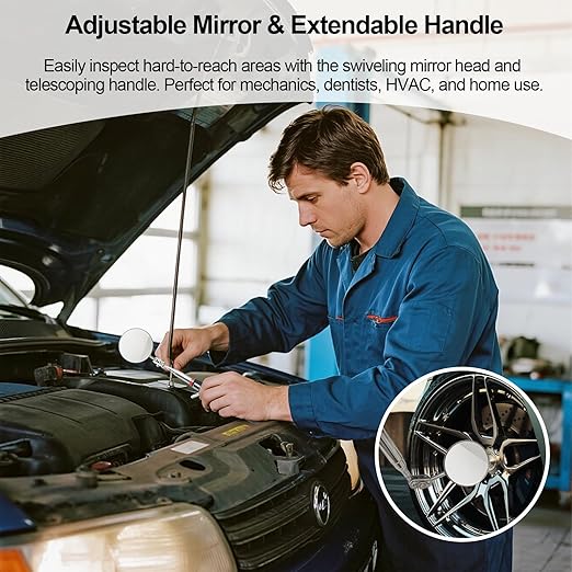 Telescoping Inspection Mirror with Rotating Head,Extendable Mechanic Mirror with Long Handle and Clip-On Design for Mechanics, Dentists, Auto, Boat (2.05in Round &1.18in Round & 1.02 * 1.97in Oval)