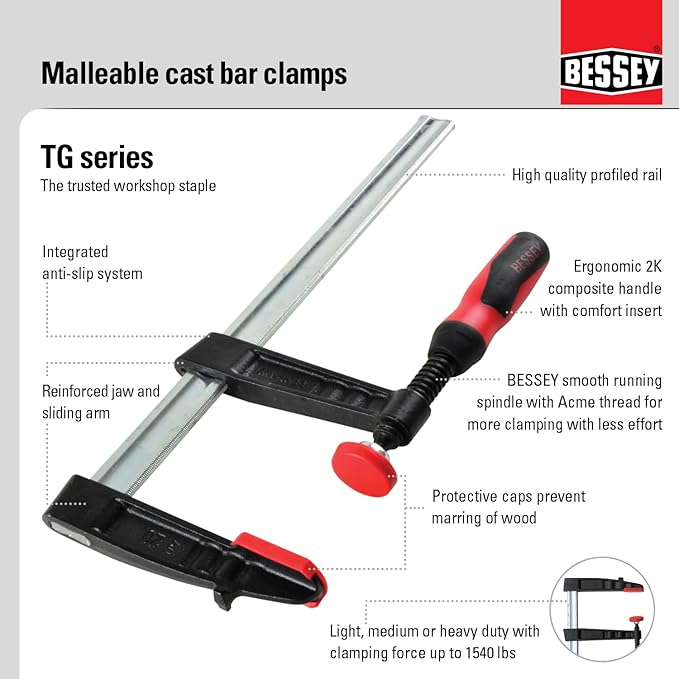 BESSEY TG5.512+2K Clamp, woodworking, F-style, 2K handle, replaceable pads, 5.5 In. x 12 In., 1320 lb