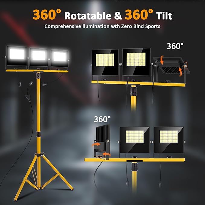 36000Lumen LED Work Lights with Stand - 3 Head Foldable Stand Work Light with 16FT Cord - IP67 Waterproof Tripod Lights for Outdoor Indoor Job Site Workshop Garage Construction Site Lighting