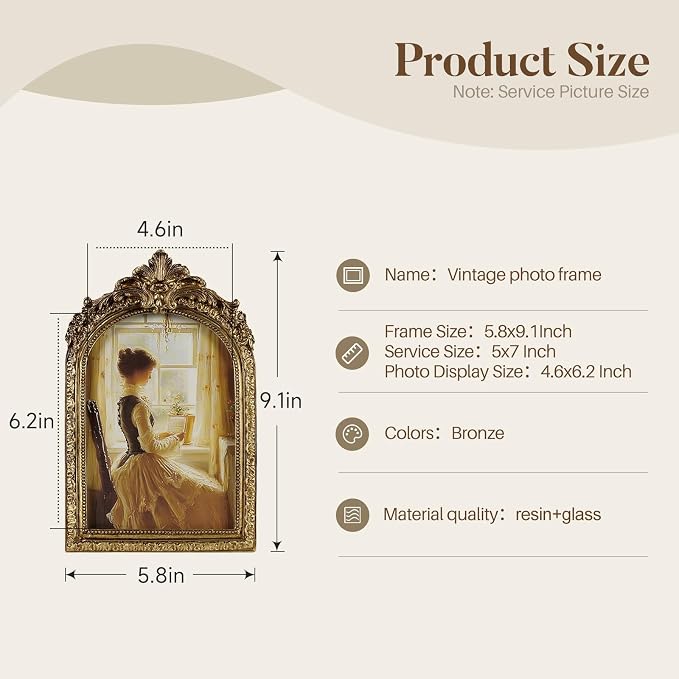 Cuspin Vintage Picture Frames 5x7 Gold Frame, Antique Arched Picture Frame - Image 5