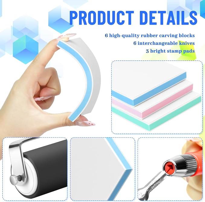 11 Pack Linoleum Block Stamp Making Kit, 3 Ink Pads, Brayer Roller & 6 Type - Image 3