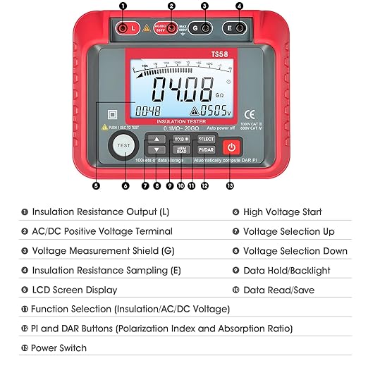 AIOMEST Megohmmeter 0.1MΩ-20GΩ Digital Insulation Resistance Tester with 50V/100V/250V/500V/1000V Output Voltage, Data Logging, 10V~600V AC/DC Voltmeter Megohm Meter w/Test Lead & Zipper Bag
