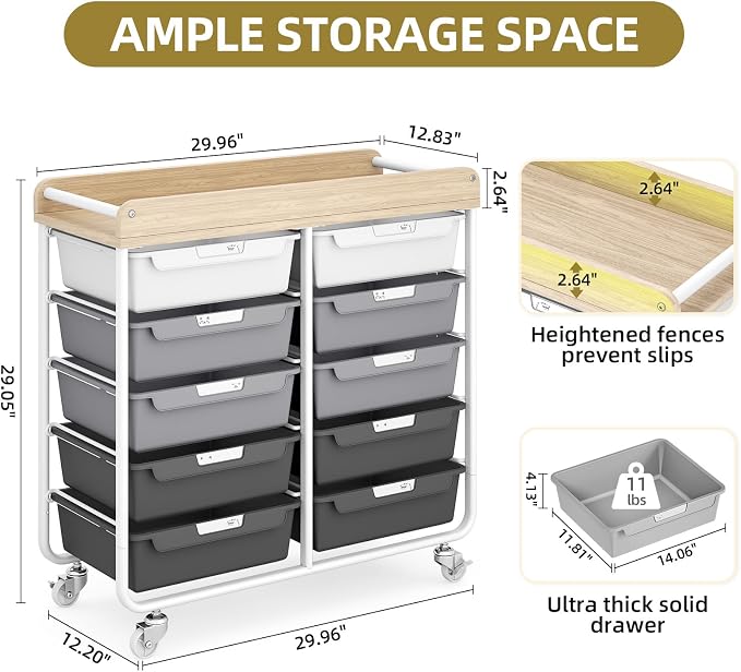 10 Drawers Rolling Cart with Wooden Tabletop, Utility Storage Cart with Wheels - Image 3