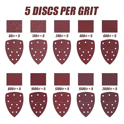 50PCS Mouse Detail Sander Sandpaper Hook and Loop 11-Holes Triangular Sanding Sheets for Mouse Sanders - Mixed Grits Coarse to Fine 60/120/240/400/600/800/1000/1200/1500/2000 Grits