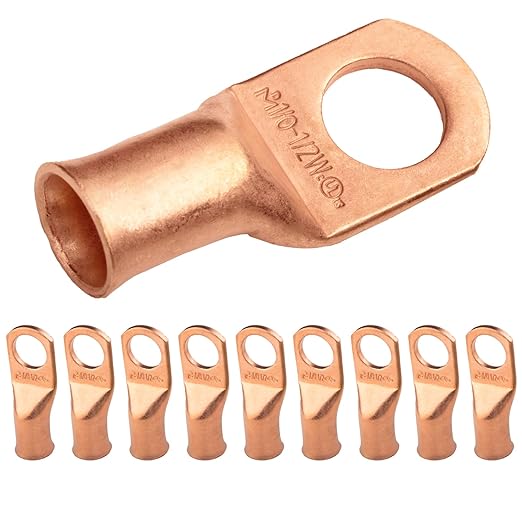 SELTERM 10pcs 1/0 AWG - 1/2" Stud (Wide Pad) - Battery Lugs, Heavy Duty Wire Lugs, Ring Terminals, Battery Cable Ends,0 Gauge Terminals, UL Bare Copper Eyelets Electrical Battery Terminal Connectors