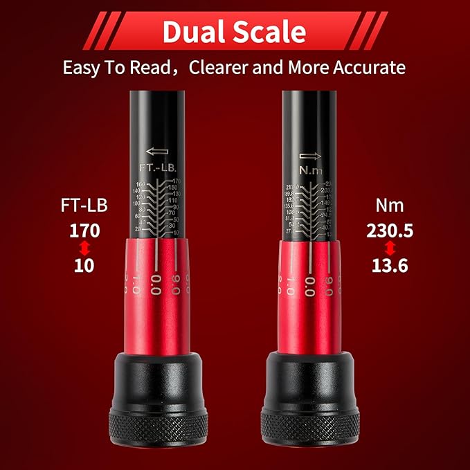 1/2 Inch Drive Click Torque Wrench, Dual-direction Torque Wrench 10-170.0ft.lb/13.60-230.5Nm, 72-tooth Torque Wrenches with Dual Range Scales, ±3% High Precision For Bike