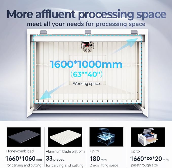 Monport Effi16S 150W Upgraded CO2 Laser Engraver, 63x40 Laser Engraving Machine with Built-in Water Chiller, Autofocus Autolift,Fume Extractor,Air Assist, Digital Control Panel Industrial Laser Cutter