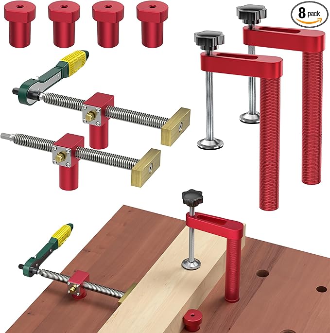 Bench Dogs Clamp Set for 3/4" Workbench,Heavy Duty Woodworking Clamps with 4 Bench Dogs & 2 Ratchet Wrenches, Adjustable Dog Hole Clamps Workbench Accessories for Woodworking Clamp（8 Pack）
