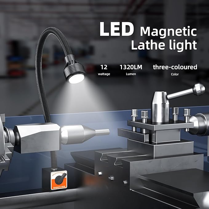 Magnetic Work Light,Three-ColorTemperature,1320Lumen 120v FlexibleGooseneck Work Light withAdjustable Focus and Magnetic Base for Lathe CNC MillingDrill Press SewingMachine Industrial Light