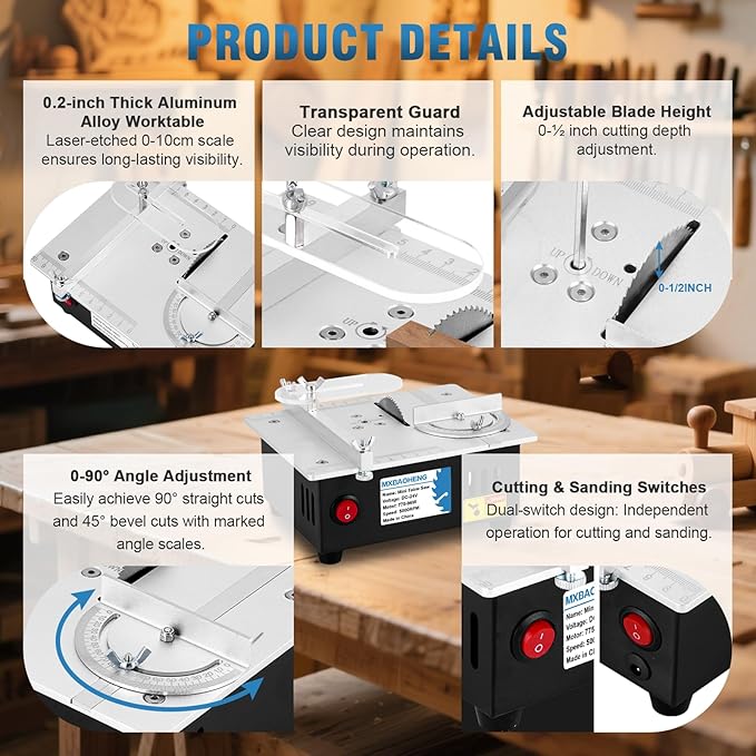 MXBAOHENG Updated Mini Multifunctional Table Saw with Cutting & Sanding Switch, Small Portable Hobby Table Saw for DIY Crafts, Model Making, Wood/Plastic/Acrylic Cutting, 96W 7-Speed Control