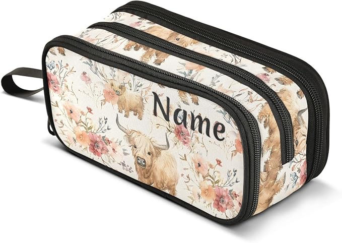 Custom Cute Highland Cows Flowers Pencil Case Box Boys Girls Personalized Name by BOENLE-WELCOMEYOURCOMING
