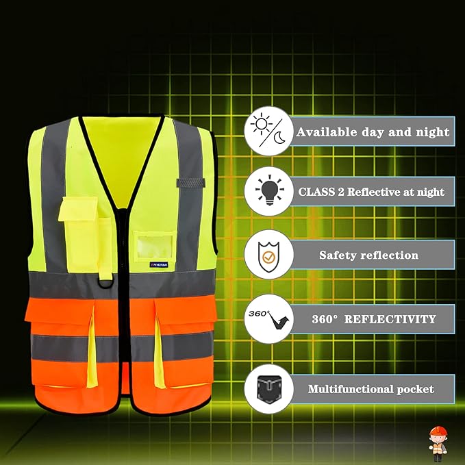 A-SAFETY Industrial Safety Vest, Hi Vis 9 Pockets High Visibility Zipper Front Reflective Safety Vest, Orange&Yellow Color Mixed, XL