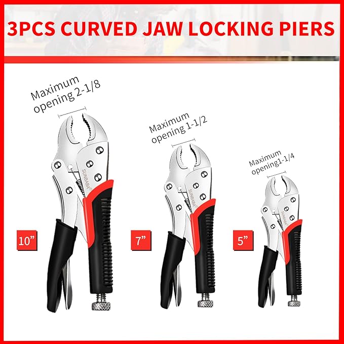 Locking Pliers Set, 6-Piece Vice Grips Pliers Set Long Nose 6-1/2”, 9-1/2” Curved Jaw 5” 7” 10” C-Clamp 6” Adjustable Screw