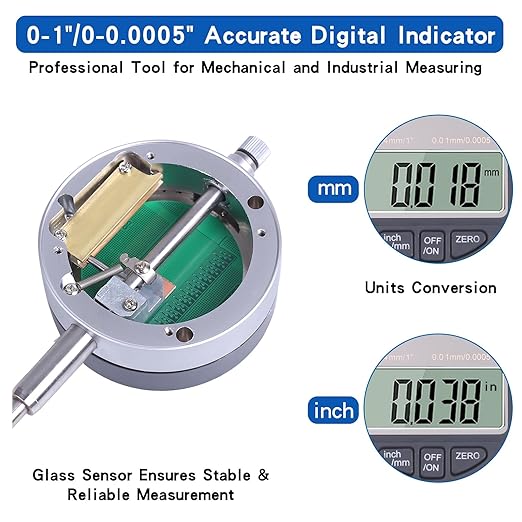 Electronic Digital Dial Indicator with Magnetic Base Holder Fine Adjustable Long Arm 0-1" / 25.4mm Inch/Metric Conversion Professional Gauge 0.01mm/0.001"