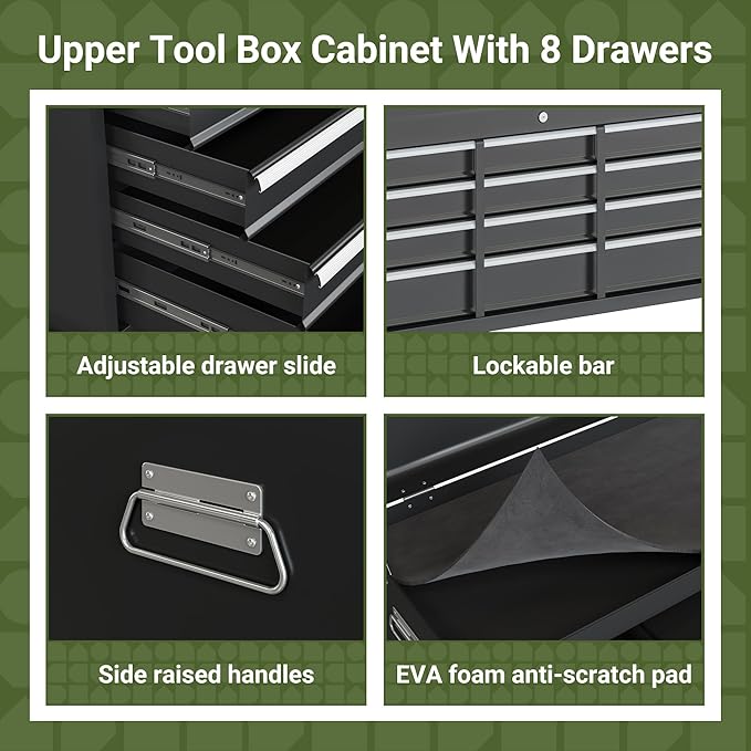 Tool Chest, 8-Drawer Rolling Tool Storage Cabinet with Enhanced Packaging, Detachable Top Tool Box, Metal Tool Cart with Hooks and Liners, for Garage, Workshop, Black