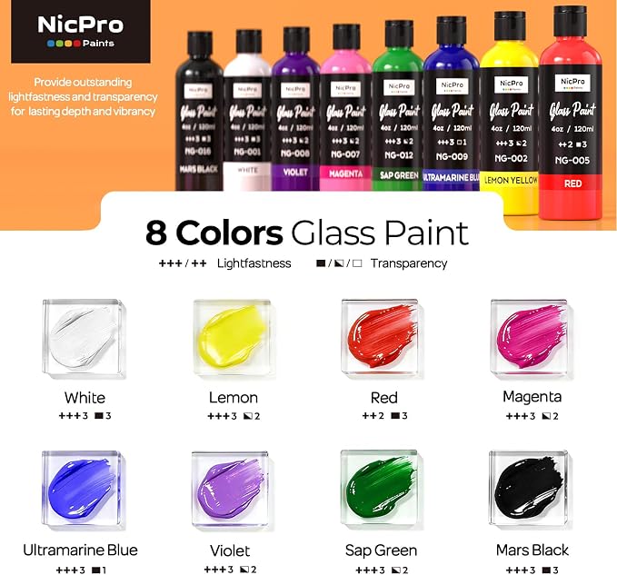 Nicpro 8 Colors Stained Glass Paint Set, 4oz / 120ml Waterproof Acrylic Enamel - Image 6