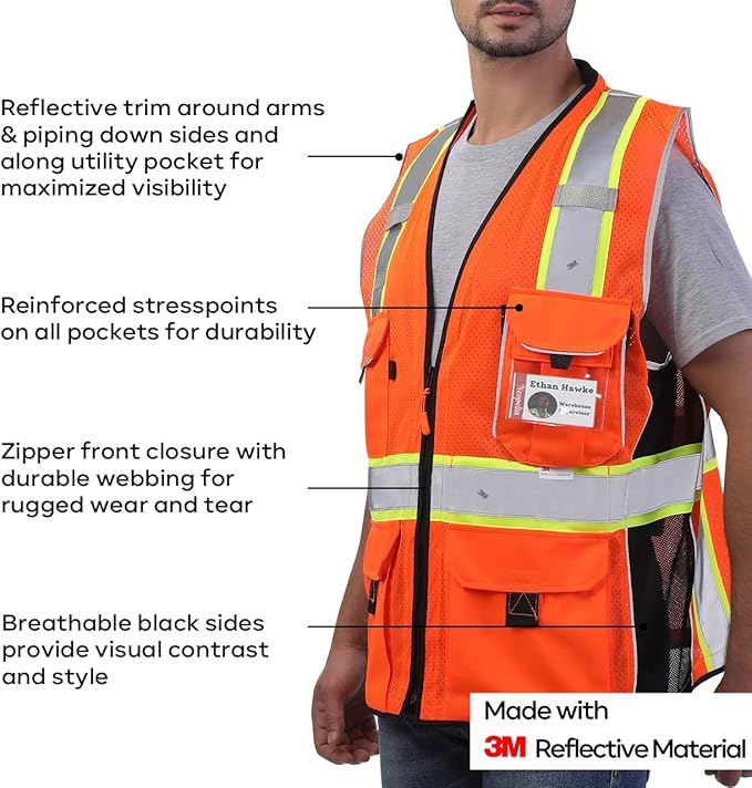 Neopelta Reflective Safety Vest Orange Mesh, Made with 3M Reflective Tape, Heavy Duty Vest with ID pocket, Padded Neck, Orange S