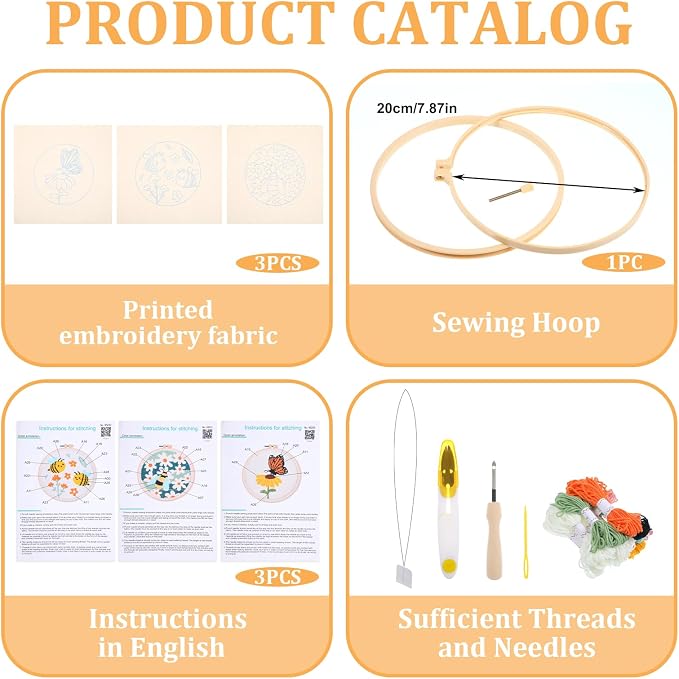3 Pcs Punch Needle Kits, 7.87 Inch Cute Floral, Bees and Butterfly Punch Needle - Image 2