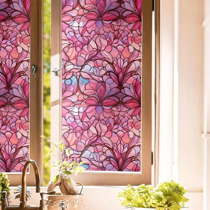 Pink Peach Floral Stained Glass Window Films Decorative Double-Side Privacy by Unknown