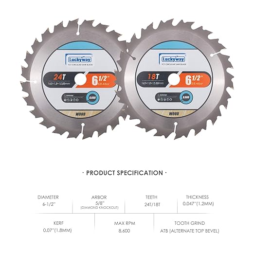 Luckyway 2-Pack 6-1/2 Inch 18T&24T Framing with 5/8 Inch Arbor TCT Circular Saw Blade for Cutting Wood