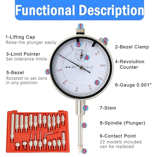 Dial Indicator with Magnetic Base and Point Precision Inspection Set, Dial Test Indicator Long Arm 0-1" Professional Gauge 0.001", Magnetic Dial Indicator Base Holder with Fine Adjustment, by NAKAO