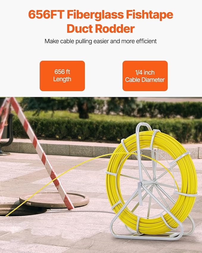 VEVOR Fiberglass Fish Tape 656 FT x 1/4 inch, Fish Tape Duct Rodder Puller with Durable Steel Stand, Non-Conductive Fishtape Wire Cable Running Rod for Walls, Floor and Electrical Conduit