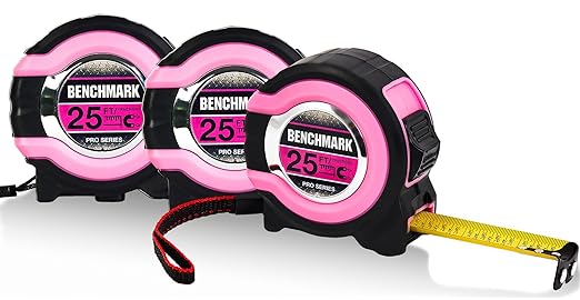 Benchmark - Pink - 3 Pack - 25 ft Tape Measures - Easy to Read Fractions to 1/8th inch - Magnetic Tip - Thumb and Quick Lock - Autowind - Belt Clip