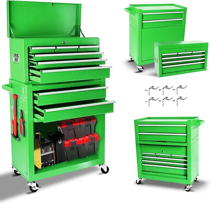 8 Drawers Rolling Tool Chest - Tool Box Organizer with Wheels and Drawers, Detachable Storage Cabinet with Lock for Garage Workshop, Green