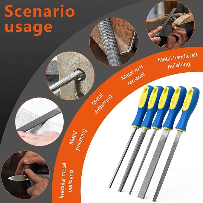 YKLP Needle File Set (Carbon Steel 5 PCS) Hardened Alloy Strength Steel - Set Includes Flat, Square, Triangular, Round, and Half-Round File(8'' Total Length)