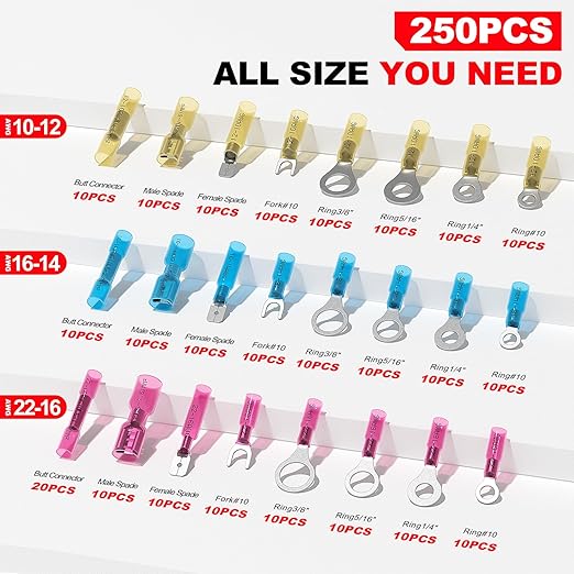 AIRIC 250 PCS Heat Shrink Wire Connectors Kit, 22-10 AWG Waterproof Crimp Terminals, Marine Electrical Connector, Insulated Cable Ends, Wiring Terminal End for 22-10 Gauge, Ring Fork Spade Butt Splice
