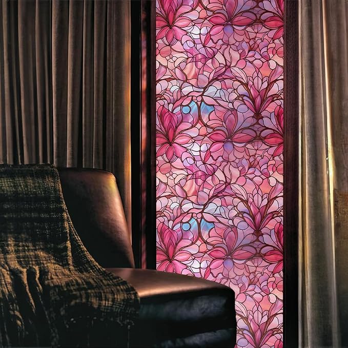 Pink Peach Floral Stained Glass Window Films Decorative Double-Side Privacy - Image 2