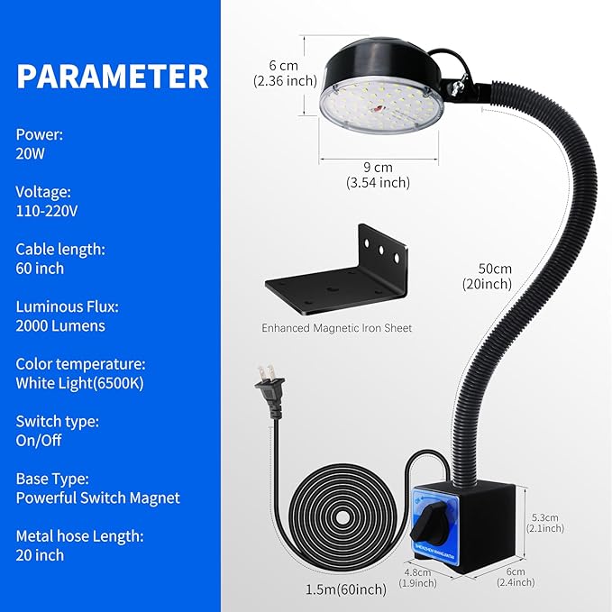 Magnetic Work Light, LED Machine Light, Gooseneck Work Lamp with Flexible and Magnetic Base, Shop Tool Lamp for Lathe,Work Bench,Sewing Machine,Bandsaw, Industrial Lighting, 2000Lumen,Black