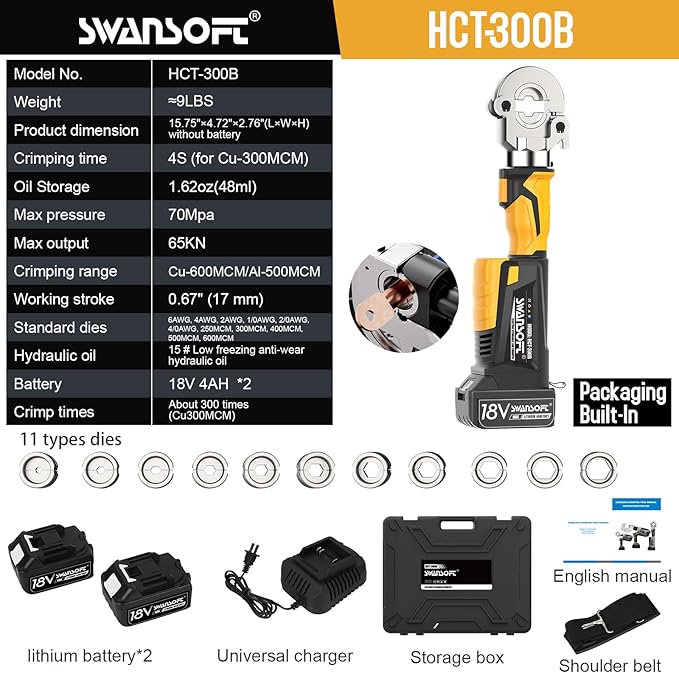 SWANSOFT Electric Hydraulic Crimping Tool,6Ton 6AWG-600MCM Rechargeable Hydraulic Crimper for Cu/Al Terminal, Crimp 20000 Times Wire Cable Lug Crimping Tool Kit (300B-Yellow)