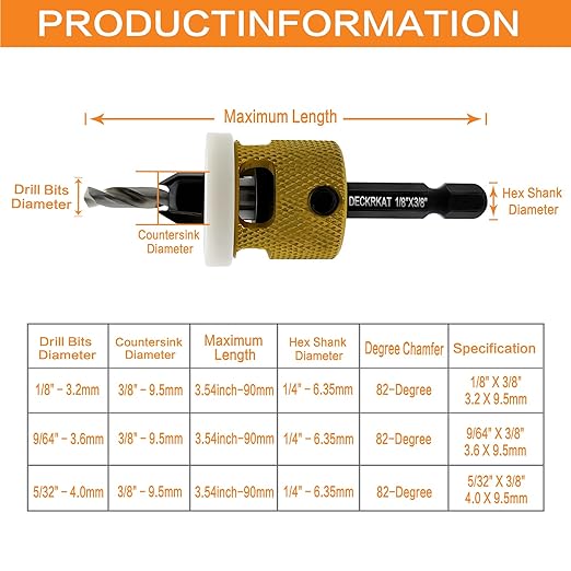 Hex Shank Countersink Drill Bit Set 3Pc #10#12#14 Woodworking Countersink Drill Bits with Adjustable Bit Depth Stop, HSS M2 Drill Bits in Size 1/8" 9/64" 5/32", 3/8" 82˚, with Storage Case