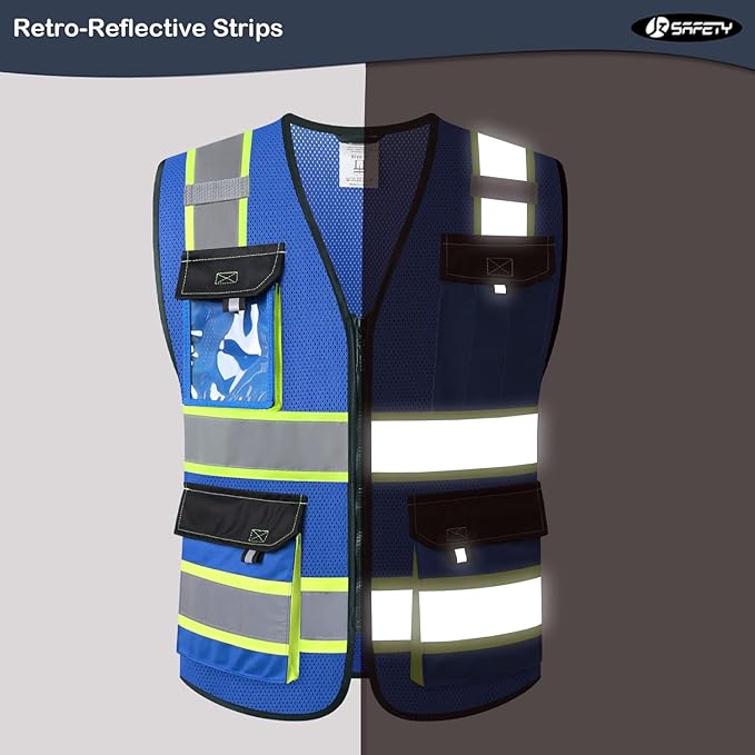 JKSafety Hi Vis Reflective Safety Vests for Men Women High Visibility Vest with Pockets Mesh Fabric Construction Safety Apparel Neon Vest for Work (220-Blue M)