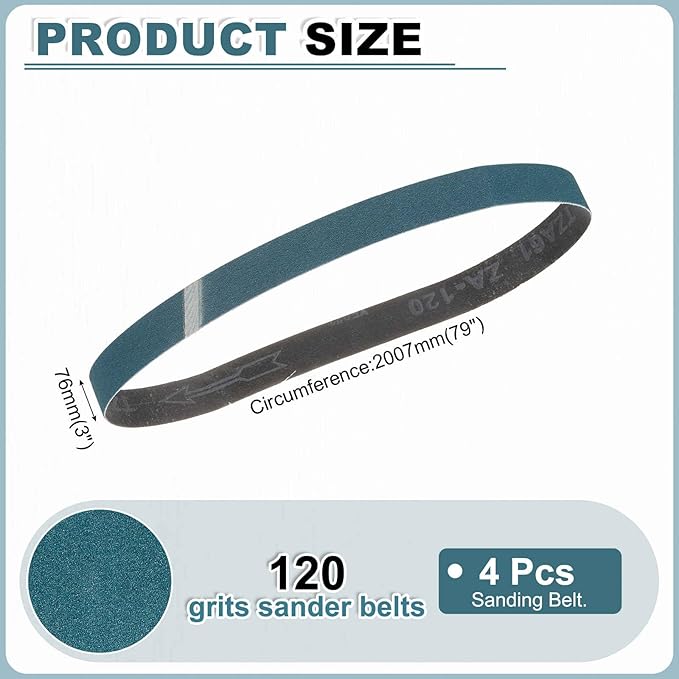 HARFINGTON 3 x 79 Inch Sanding Belts, 4 Pcs 120 Grit Zirconia Abrasive Belt Sander File Belt for Woodworking, Metal Polishing, Knife Sharpener