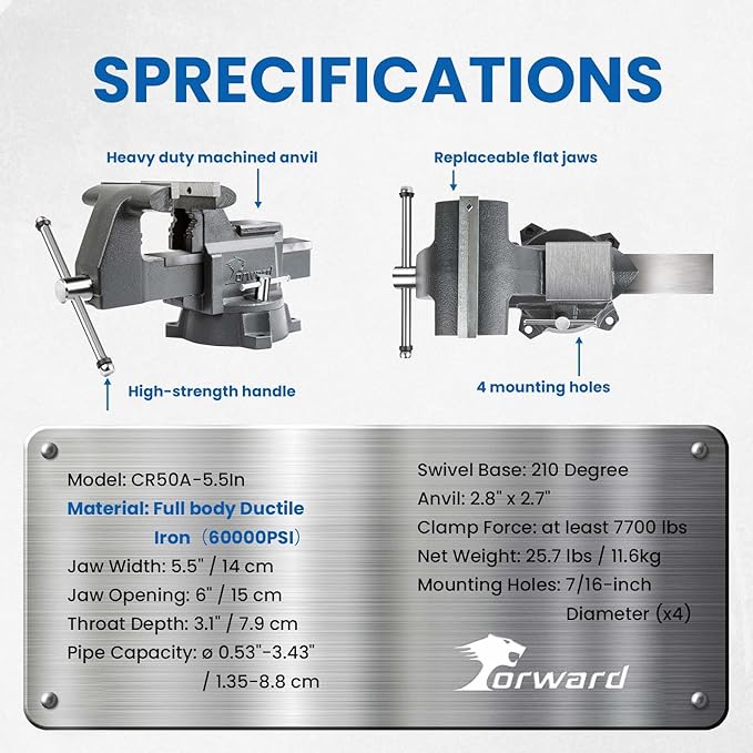 Forward CR50A-5.5In Bench Vise Heavy Duty Vice with Anvil and 210 Degrees Swivel Base (5 1/2")