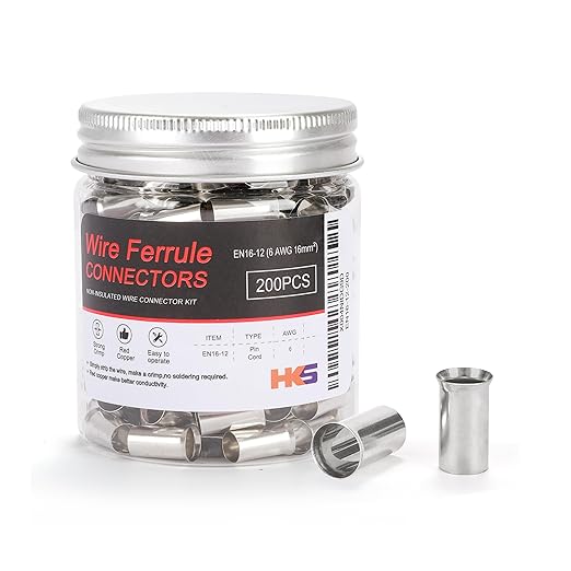 HKS 200PCS Non-Insulated Wire Ferrules- AWG6-16.0mm² Copper Barrel Pin Cord Terminals for Wiring Electrical Crimp EN16-12