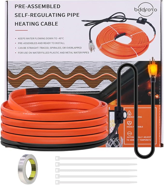 3FT Heat Tape for Water Pipes Freeze Protection IP65 Waterproof 7W/FT 110V,BDDFOTO Water Pipe Heat Cable With Thermostat Self-Regulating Pipe Heater for House Garden/RV Camper