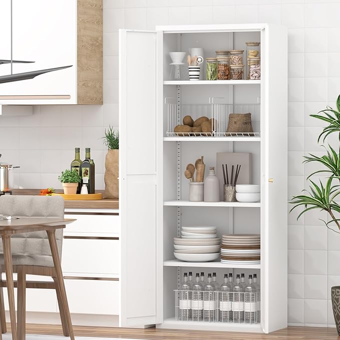 GREATMEET 71" Metal Tall Pantry Storage Cabinet, Food Pantry Cabinet, White Cupboard with Anti-Tipping Kit for Kitchen Tools Storage for Dining Room, Living Room Garage and Bathroom