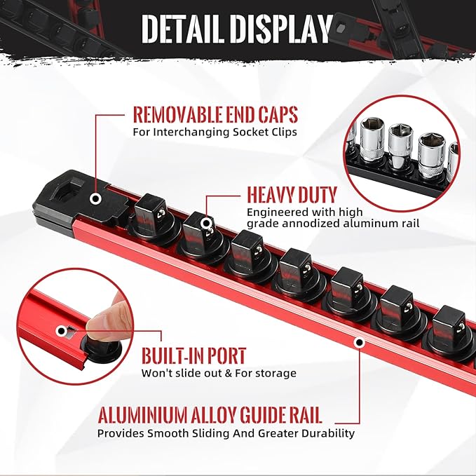 Magnetic Socket Organizer, 3-Piece Heavty Duty Aluminum Socket Holder, Socket Rail for Tool Box, Premium Quality 360° Swivel Socket Rack with 42 Clips for 1/4-Inch(Red)