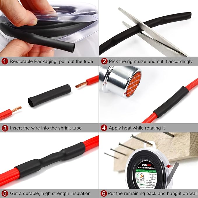 Chanzon 2:1 Ratio 5/32" (4mm) Heat Shrink Tubing 8Ft Roll (2.5M Total Length) Black Polyolefin Sleeving Wrap Shrinking 2 to 1 1pcs