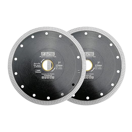 DT-DIATOOL Diamond Tile Blade 7 Inch 2pcs Diamond Turbo X Mesh Rim Segement Circular Saw Blade for Procelain Ceramic Stoneware Marble Granite Fits 5/8"-7/8" Arbor