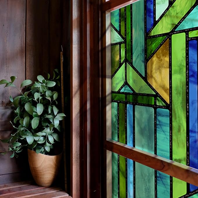 Original Hand Drawn Faux Stained Glass Window Film, Double-Sided Privacy Static by ChicSkin
