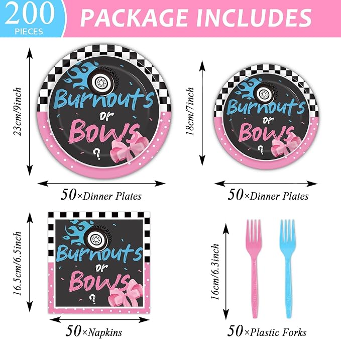 50 Guests Burnouts or Bows Gender Reveal Plates and Napkins Party Supplies Boys - Image 2