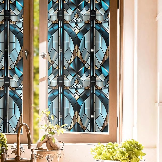 Grey Blue Geometric Modern Stained Glass Window Films Decorative Double-Side by Unknown