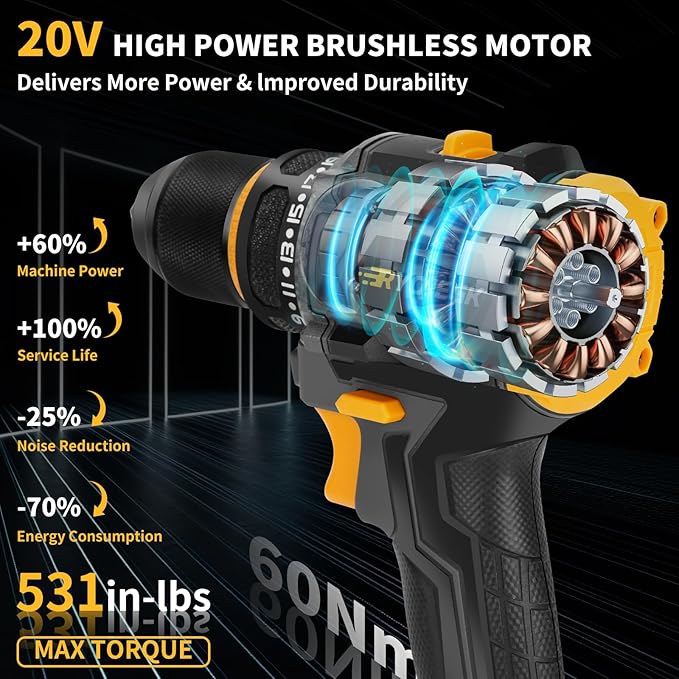 Compact Brushless Power Drill Set,60N.m Cordless Drill Tool Box with 2 Battery & 3/8”Keyless Metal Self-locking Chuck,138Pcs Men Handheld Tool Drills Kit,Taladro Inalámbrico for Home Repair Set