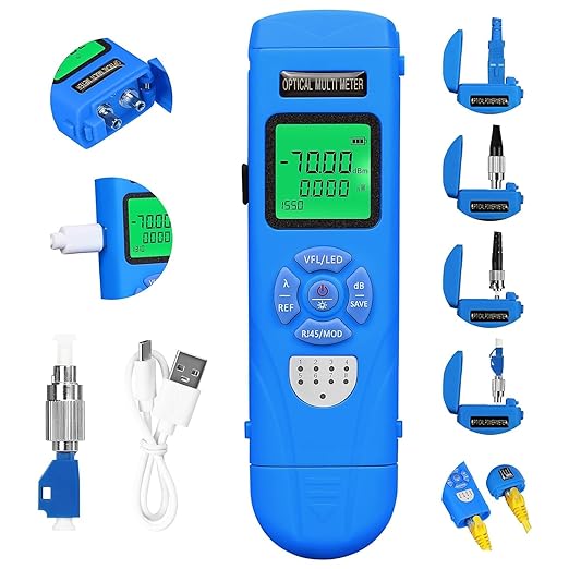 Rechargeable Optical Power Meter L-C70-50km mini Fiber Cable Tester Suitable for SC/FC/ST/LC Interface 4-in-1 Function Built-in 50km Visual Fault Locator RJ45 Network Testing with 1 FC-LC Adapter