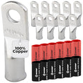 SELTERM 10pcs - 4 Awg - 1/4" Stud - Battery Lugs - Ring Terminal Connectors | with 12pcs 3:1 Black & Red Heat Shrink Tubing with Adhesive | Heavy Duty Battery Cable Ends - Tinned Copper Wire Lugs Kit