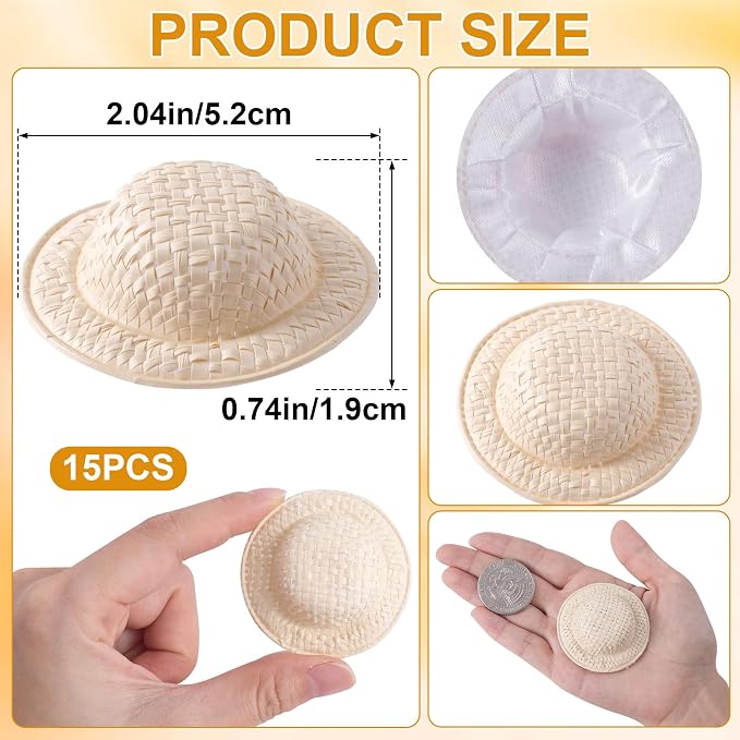 15pcs 2" Miniature Straw Hats, Woven Doll Caps - Image 2
